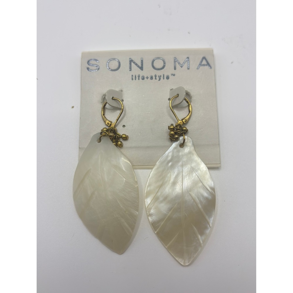 Sonoma Life Style Mother of Pearl Leaf Drop Earrings Gold Tone Lever Back